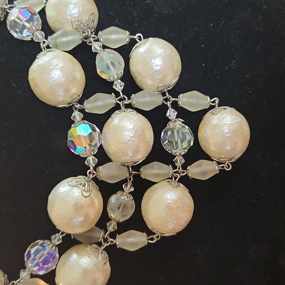 Faux pearl, glass, and ab glass crystals necklace and earrings. - Picture 2 of 7